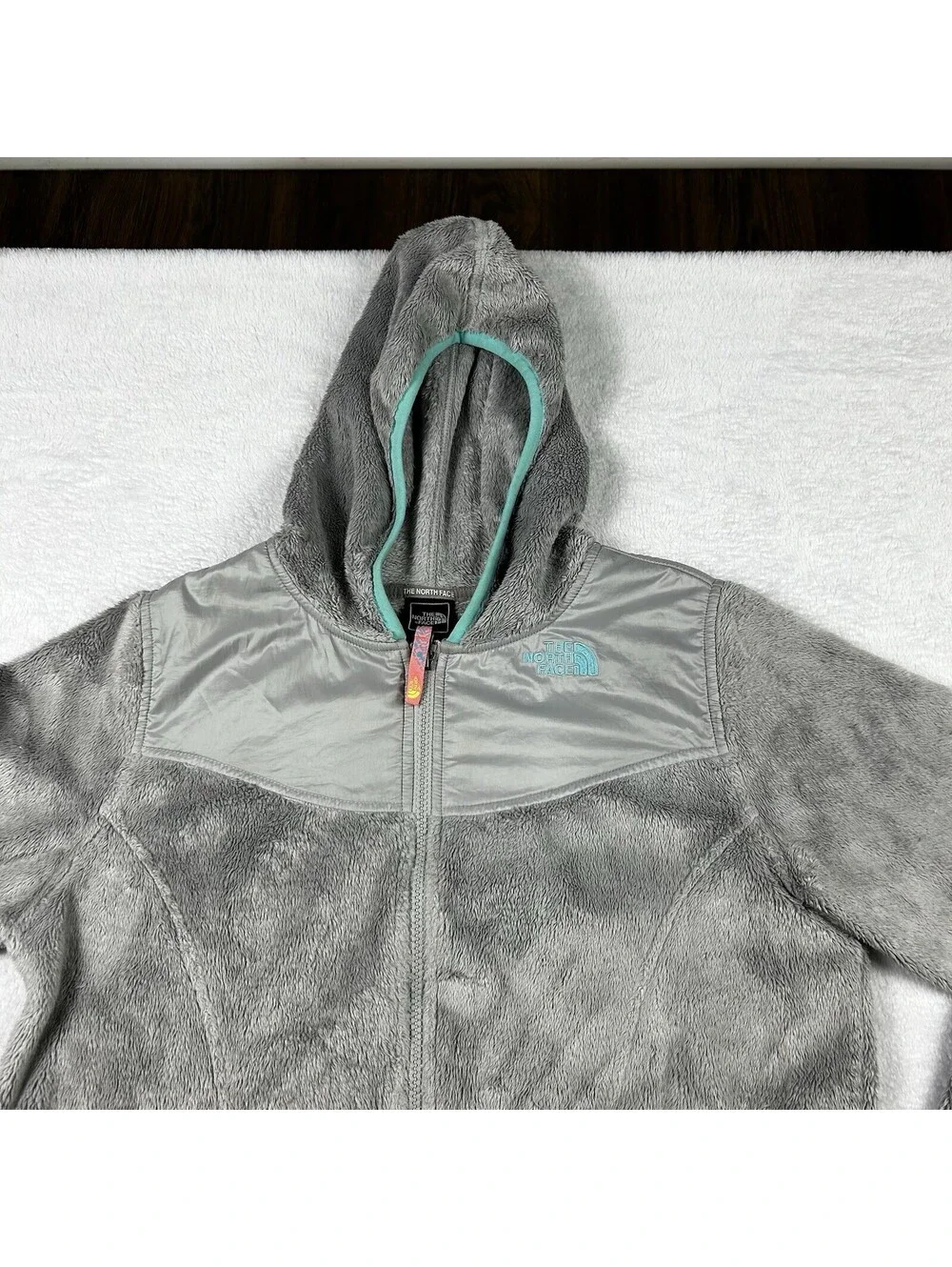 The North Face Girls XL 18 Gray Turquoise Fleece Full Zip Hooded Jacket